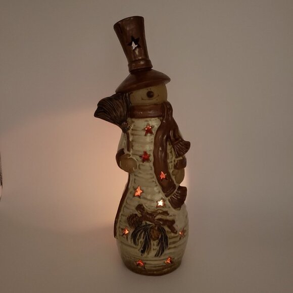 Stoneware Glazed 12" Brown Beige Country Snowman Star Cut Outs Tealight Holder - Picture 4 of 12